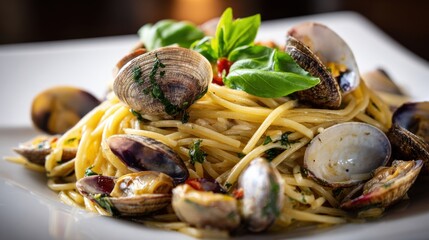Stunning photo of delicious seafood pasta dish featuring clams, known as Spaghetti alle Vongole.