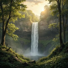 Fototapeta premium Majestic waterfall cascades through green forest at golden sunrise. Sunlight filters through trees creating mist. Serene landscape with mossy rocks, flowing water provides peaceful natural