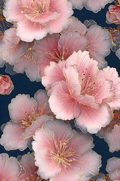 Elegant Japanese Sakura Seamlross Pattern on Indigo with Gold Outlines for Timeless Charm