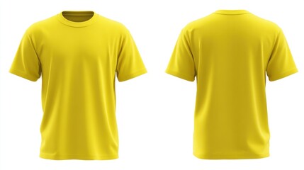 Stunning photo of blank yellow kids t-shirt mockup front, back view. Isolated on white background. Studio shot of plain yellow shirt. Casual attire. Empty template.