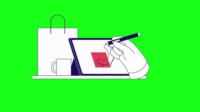 Minimal Animation of Hand Drawing Vector Shape on Tablet for Tote Bag Design with Shopping Product Mockup on Green Screen Background