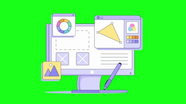 Animated Flat Design of Graphic Interface for Web or UI Editing with Color Picker and Layout Elements on Green Screen Background