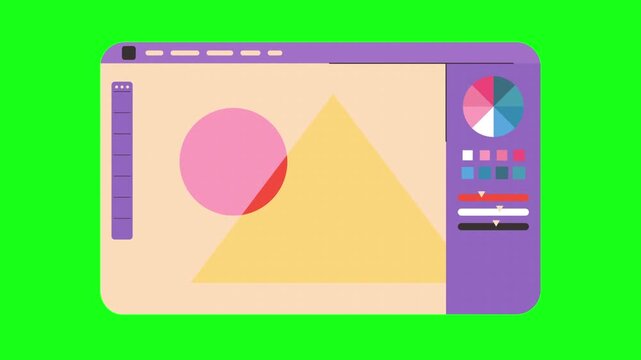 Flat Animation of Graphic Design Editing Software Interface with Color Picker and Vector Tools on Green Screen Background