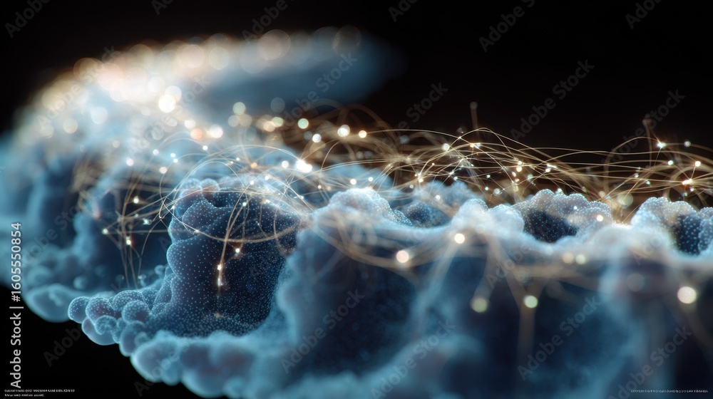 Poster microscopic view isolates the edge of an object, focusing on foam structure revealing tiny air bubbl