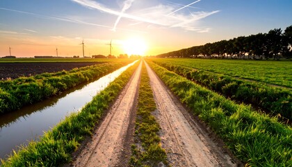 Country road at sunset, fields of green