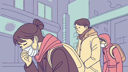 Coughing woman in face mask on city street during viral outbreak illustration