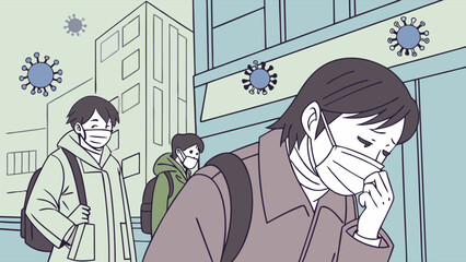 People in face masks with virus particles in urban setting. Public health and illness prevention illustration.
