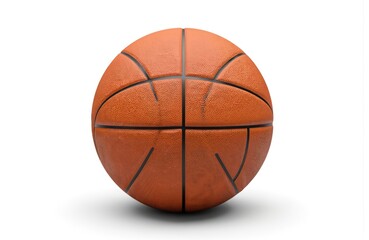 Orange basketball with black seams isolated on clean white background. Textured sphere classic sports equipment, perfect for games, competition, team play. Ideal for sports marketing, athletic