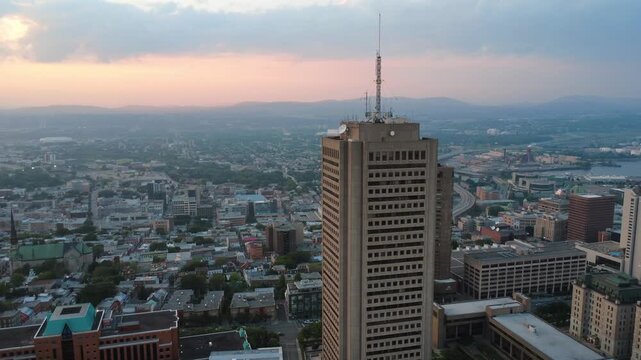 Qu&eacute;bec, Canada &ndash; 2025, Jul 19. Panoramic aerial view above the skyscrapers of Old Quebec and the Montcalm district with a view of the St. Lawrence River and the Port of Quebec City in the background. 