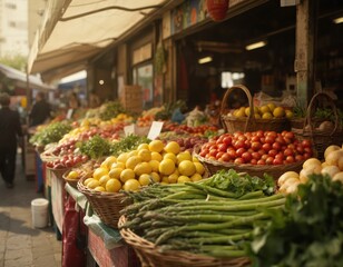 Vibrant street market stall overflowin with fresh produce, featuring baskets of ripe tomatoes, lemons, and asparagus. Other vegetables and fruits fill the counters creating abundance.