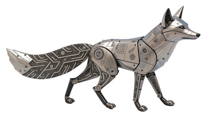 Fototapeta premium Steampunk mechanical fox sculpture isolated on black background isolated on white background isolated on transparent background