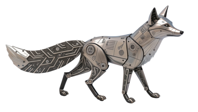 Steampunk mechanical fox sculpture isolated on black background isolated on white background isolated on transparent background