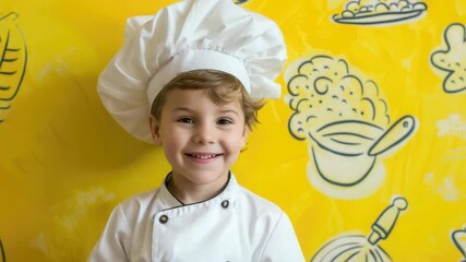 Smiling young boy dressed in a chef's hat and jacket, ready to create culinary magic.