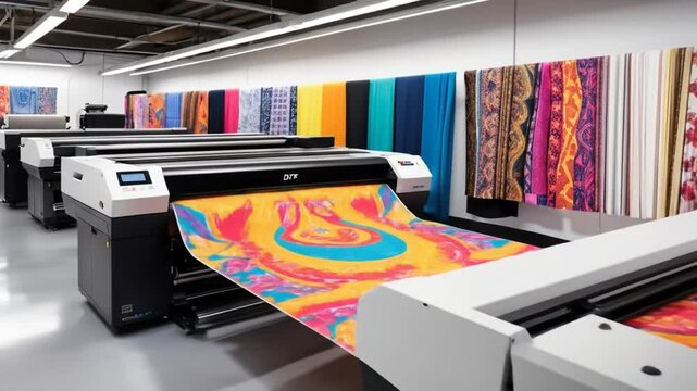 DTF textile printing setup with printer and colorful printed fabric, showcasing vibrant designs and technology. 4k video	
