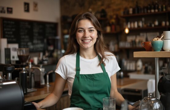 Smiling young woman wearing green apron stands behind coffee shop counter. Happy, friendly barista ready to serve customers in warm, inviting cafe interior with shelves filled with cups, bottles. - Powered by Adobe