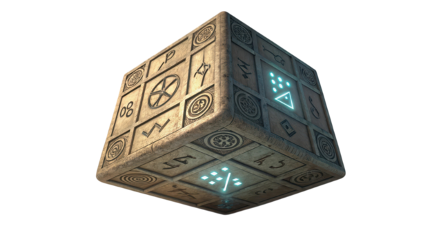 Mysterious ancient cube with glowing symbols isolated on transparent background isolated on white background