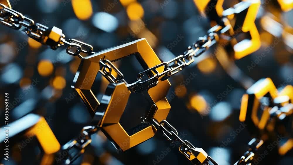 Poster shiny gold and black chain links against a dark background, showcasing detailed 3d rendering with hi