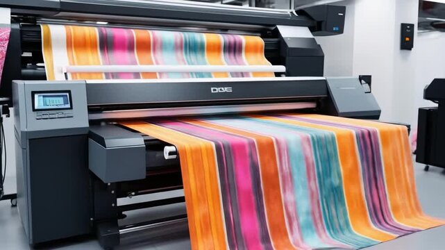 DTF textile printing setup with printer and colorful printed fabric, showcasing vibrant designs and technology. 4k video	
