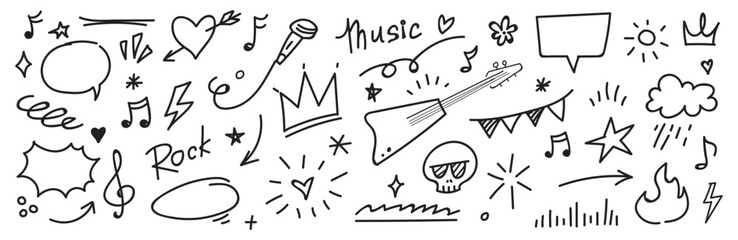 Music star doodle icon punk rock set. Hand drawn music sketch guitar, microphone, skull. Fun graffiti star shape doodle arrow, crown, speech bubble grunge decoration elements. Vector illustration