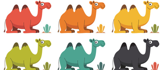 Six colorful cartoon camels standing in a desert landscape