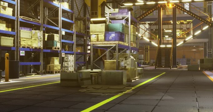 The setting features a large warehouse filled with stacked boxes and organized shelving. Yellow lines mark walkways, and soft lighting enhances the industrial atmosphere.