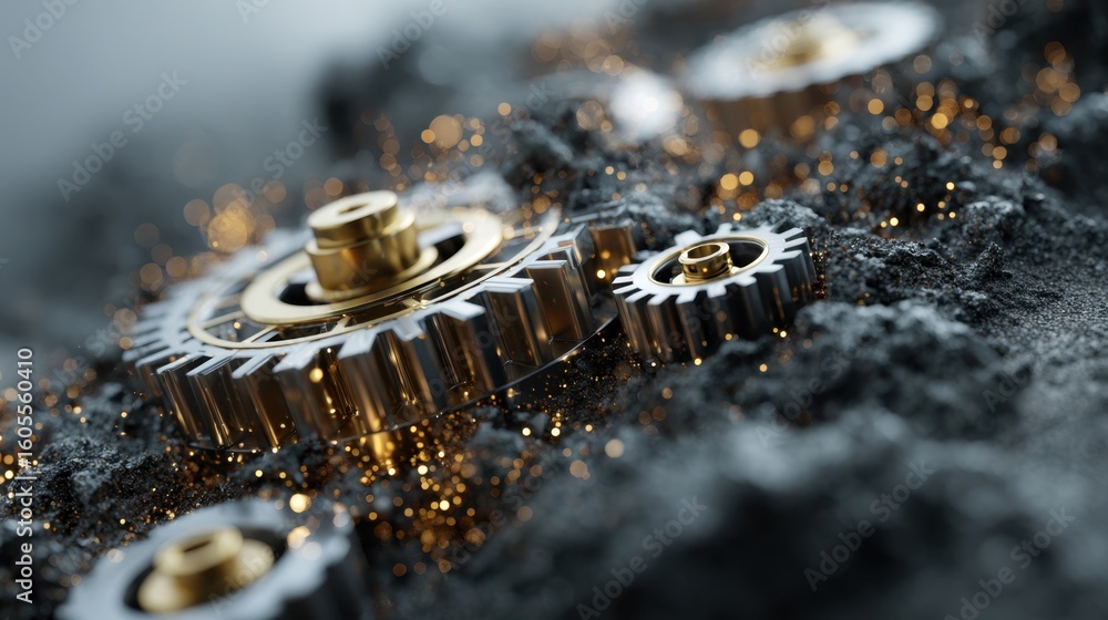 Poster metallic gears and other components lie on a dark, rocky surface resembling coal ash, with golden pa