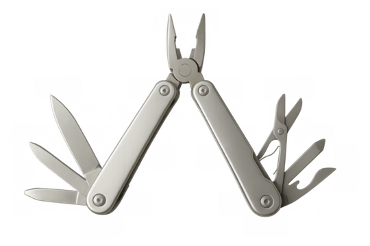 Stainless steel multitool knife displaying folded blades, pliers, scissors, screwdrivers against clear background