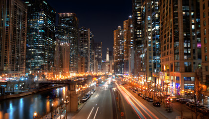 Obraz premium Nighttime city skyline with glowing windows and streetlights, capturing urban vibrancy.