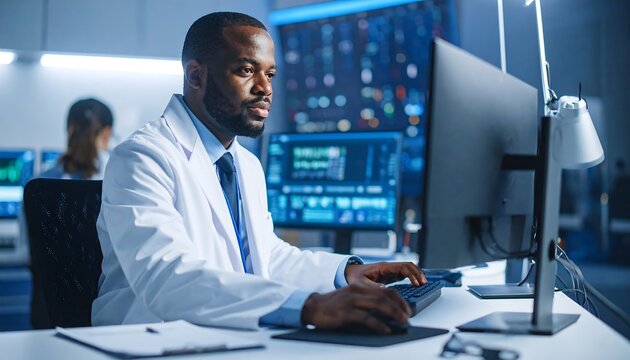 A focused doctor working at a computer in a modern lab