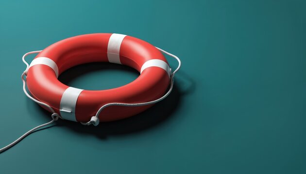 Red, white lifebuoy ring rests on teal background signifying safety, rescue. Essential maritime equipment offers hope, support during emergencies at sea. Stability, dependability, aid in crisis