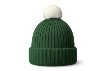 Green woolen hat with white fur pompom isolated on transparent background, perfect for winter season