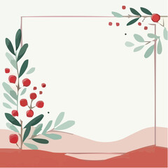 Fototapeta premium Red berries and green leaves in minimalist floral frame design 