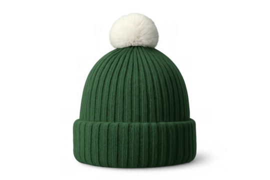 Green woolen hat with white fur pompom isolated on transparent background, perfect for winter season