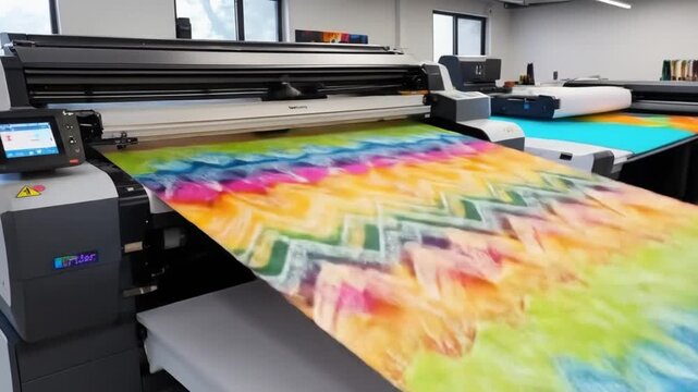 DTF textile printing setup with printer and colorful printed fabric, showcasing vibrant designs and technology. 4k video	
