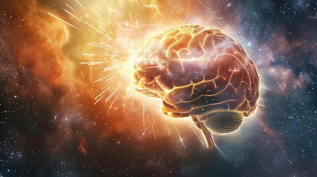 Experience a brilliant mind exploding with innovative ideas and cosmic energy, sparking creativity.