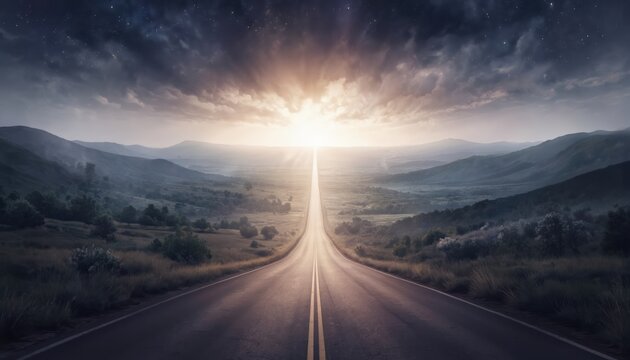 Illustration shows road dividing, one path leading into darkness, toward bright sunlight. Significant decision turning point, representing repentance, seeking forgiveness, spiritual journey toward
