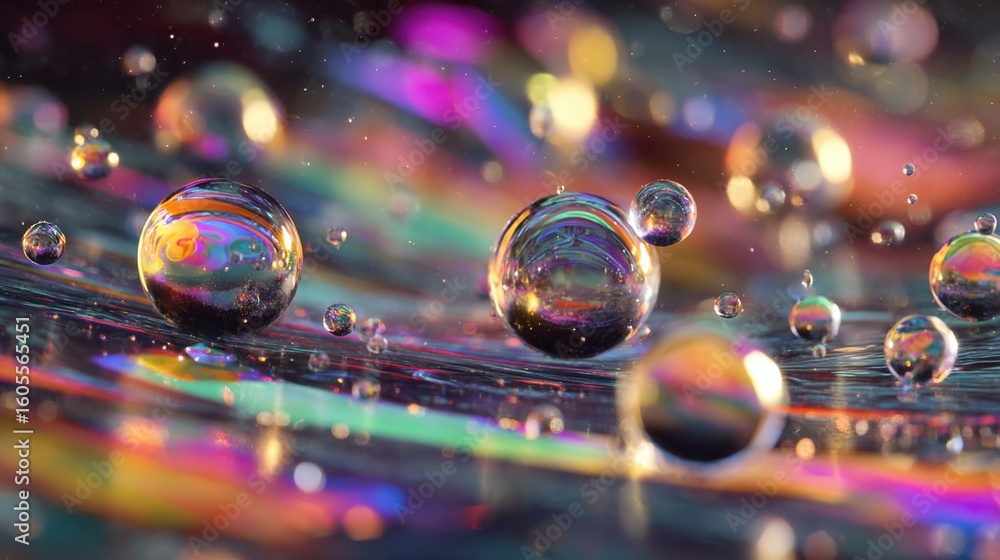 Poster metallic looking spheres rest on a vibrant, iridescent surface, scattering tiny particles around the
