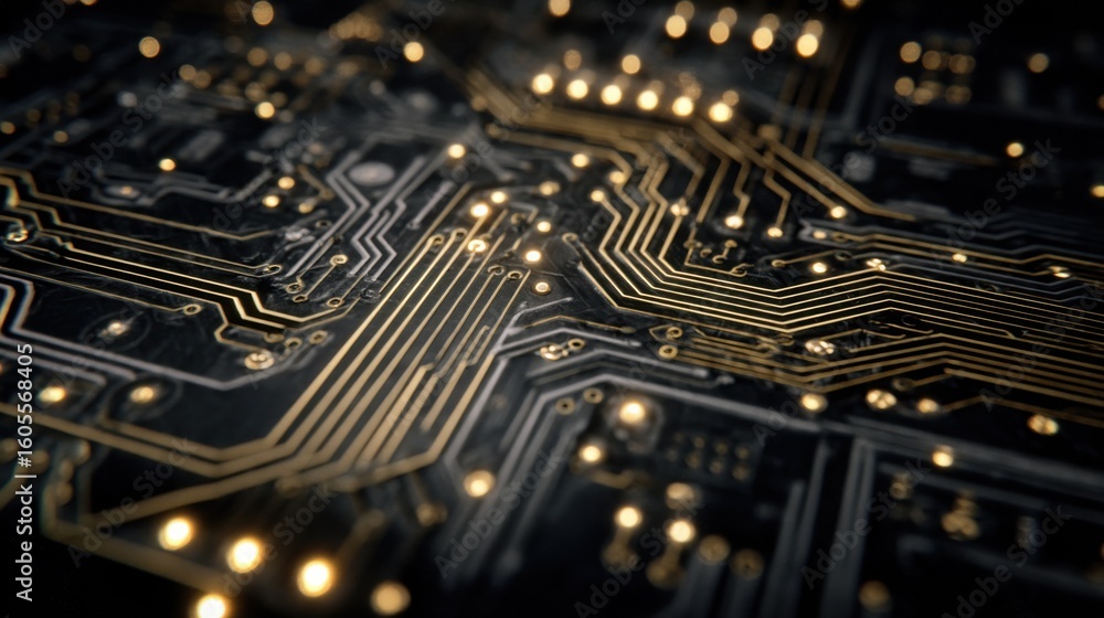 Poster golden traces and glowing components revealing intricate electronic design, highlighting precision a