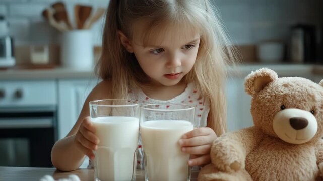 A little girl enjoying her morning milk, accompanied by her favorite stuffed animal.