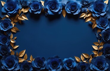 Elegant deep blue floral background with golden leaves. Sophisticated decorative arrangement with intricate handcrafted details, perfect for luxury branding, wedding invites, graphic design projects.