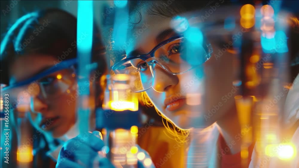 Poster two scientists in a lab working with microscopes and equipment, engaged in an experiment or research
