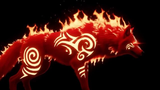 Fiery Red Wolf with Tribal Markings in Darkness.