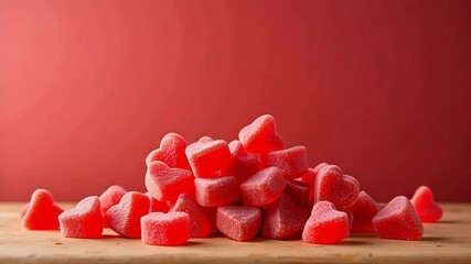 A pile of heart shaped gummy candies on a wooden surface against a red colored background scene studio shot