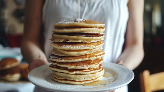 A pile of fluffy, golden pancakes with maple syrup on a white plate.