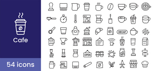 Cafe icon set with 54 line style illustrations including coffee, cup, mug, espresso, latte, tea, cafe, barista, croissant, and bakery symbols for menu, shop, and restaurant branding