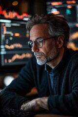 Focused middle aged businessman analyzing online market data for strategic digital investments