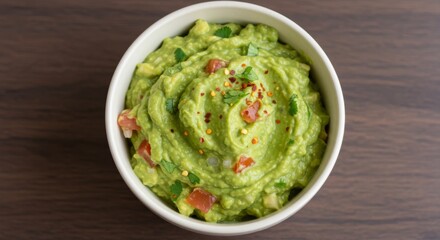 Obraz premium Overhead Shot of Creamy Guacamole in White Bowl on Dark Wood