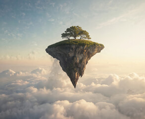 Fantasy floating island with a tree emerges from clouds. Surreal rocky landmass with roots hangs in sky. Dreamy sunset sky illuminates mystical peaceful landscape. Concept art of natural wonder.