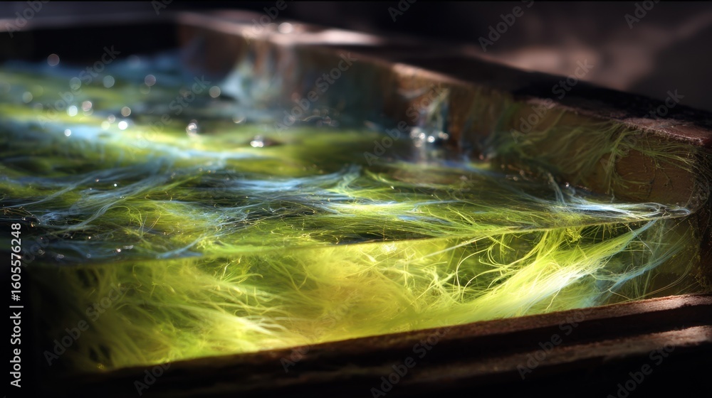 Poster ultraviolet illumination revealing bioluminescent algae strands embedded within hardening epoxy resi