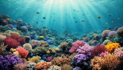 Obraz premium Vibrant underwater coral reef teeming with colorful fish swimming in clear blue ocean water. Sunbeams penetrate surface illuminating diverse coral formations, marine life. Ideal for travel, nature,